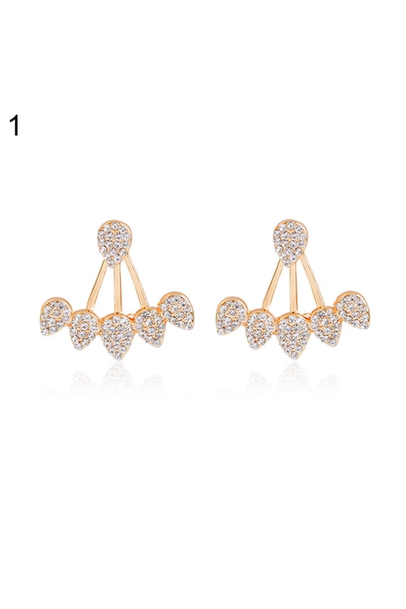 Women Waterdrop Rhinestone Front Back Ear Jacket Piercing Stud Earrings