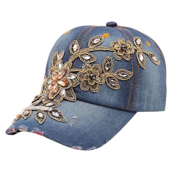 Ayyufe Women's Embossing Flower Denim Baseball Cap Summer Rhinestone Inlaid Jeans Hat