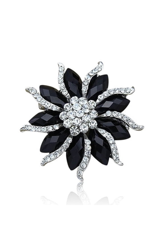 Women's Flower Brooch Pin Elegant Charming Rhinestone Blossom Flower Brooch Black Crystal Rhinstones Collar Pin for Party Banquet Club