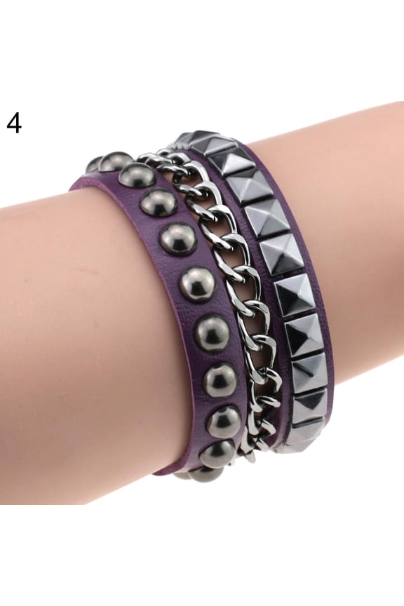 Women's Layered Punk Rock Rivet Bracelet Studded Leather Metal Chain Bangle