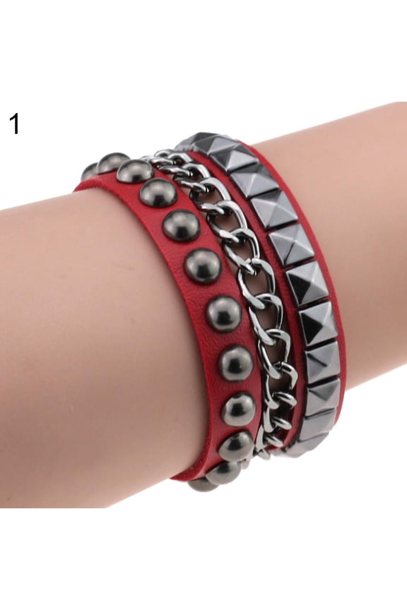 Women's Layered Punk Rock Rivet Bracelet Studded Leather Metal Chain Bangle