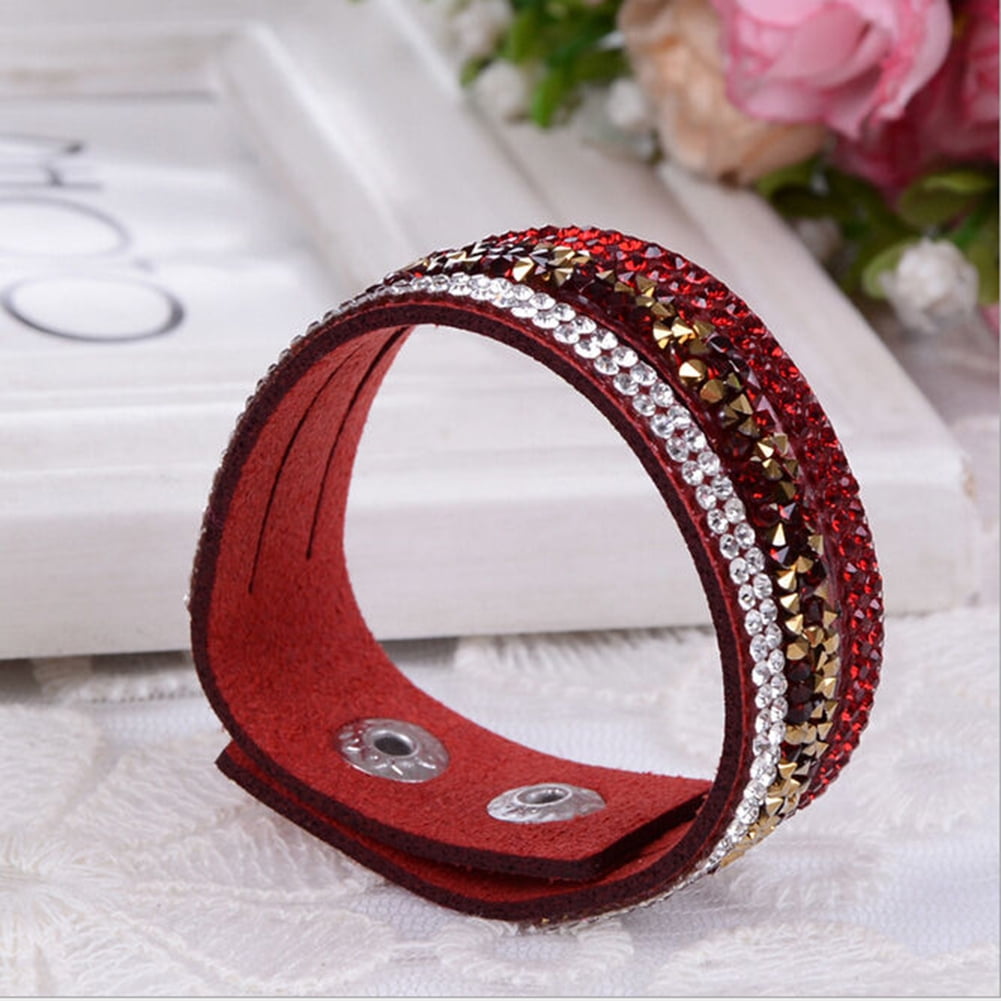 Ayyufe Women's Rhinestone Leather Wristband Cuff Punk Bracelet