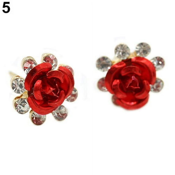 Ayyufe Women's Rose Flower Ear Studs Rhinestone Inlaid Earrings