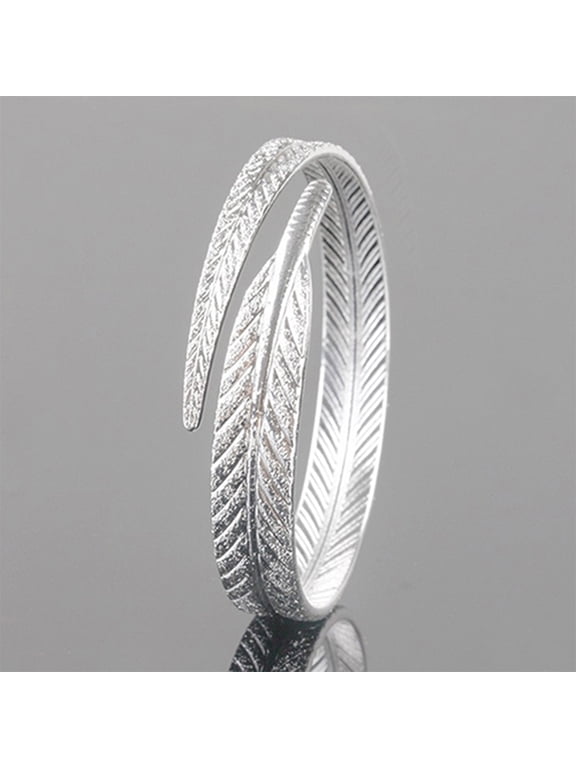Women's Vintage Silver Plated Feather Cuff Bracelet Adjustable Opening Bangle