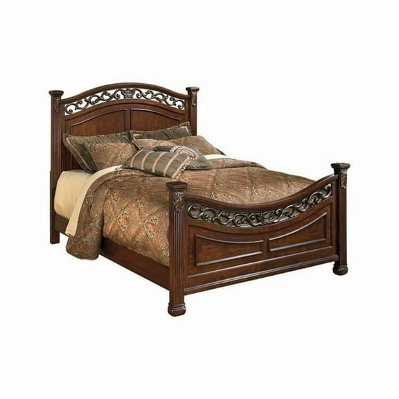 Aza Traditional Wood California King Size Bed, Leaf Carvings, Rich Cherry Brown