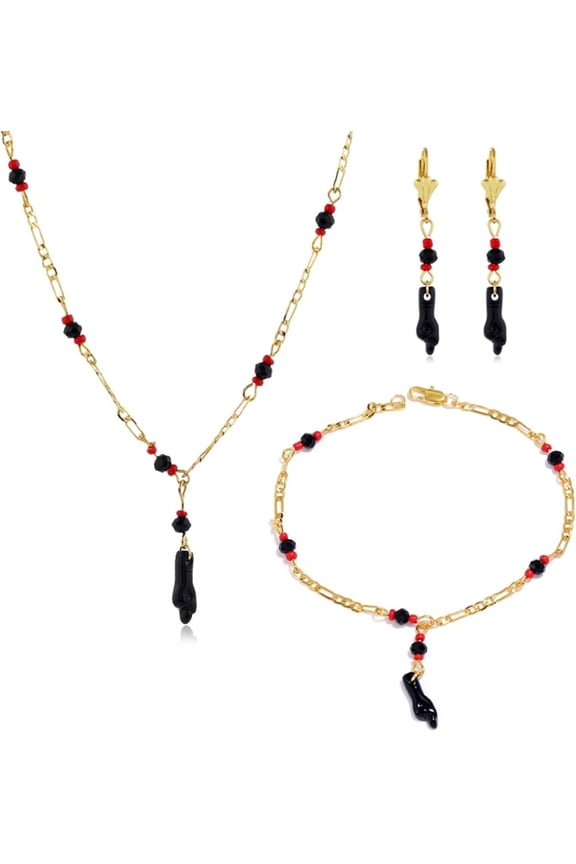 Azabache Hand Figa Charm Stainless Steel Link Chain Bracelet Pendant Necklace Drop Dangle Earring Set for Women Men Kabbalah Amulet Protection Good Luck Jewelry