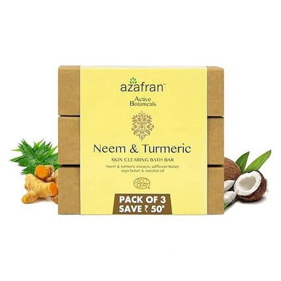 Azafran Neem & Turmeric Skin Clearing Bath Bar, Pack Of 3, Handmade For Deep Cleansing, Free Sensitive Skin Care For Oily and For Both Body Wash and Face Wash