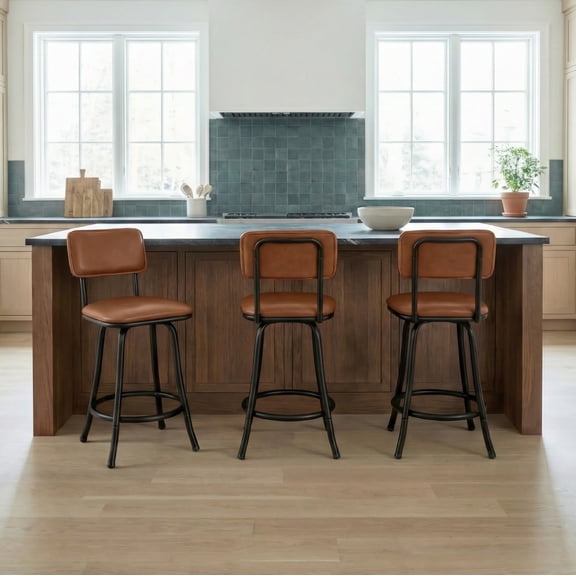 Azala Park Brown Vegan Leather Upholstered Swivel Barstool with Adjustable Height, Set of 3