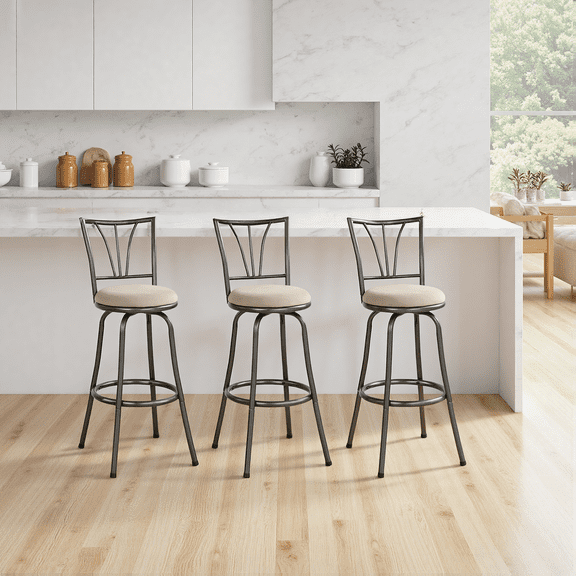 Azalea Park 3- Pack Indoor Adjustable 24" or 29" Black Metal Swivel Barstool, Tan Seat