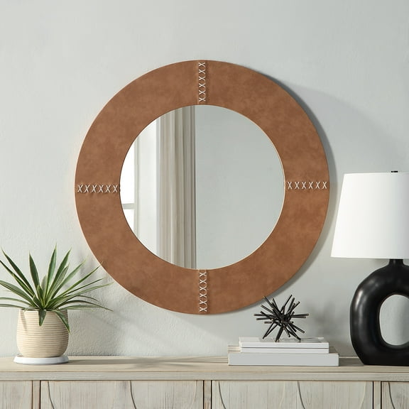 Azalea Park Faux Leather Round Wall Mirror Tan
