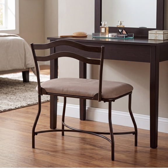 Azalea Park Windsor Upholstered Vanity Bench with Curved Metal Back, Burnished Bronze