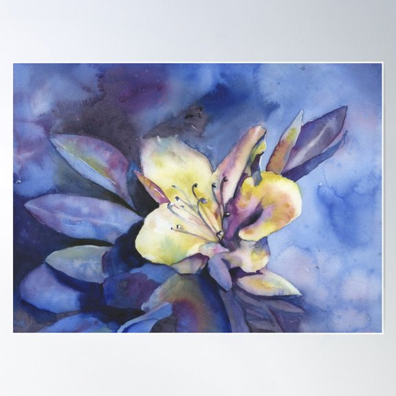 Azalea Watercolor Painting. Colorful Azalea Fine Art Watercolor Painting Blue Yellow Artwork Floral Watercolor Poster Wall Art, Modern Wall Decor For Living Room Bedroom, 24x36 UNFRAMED