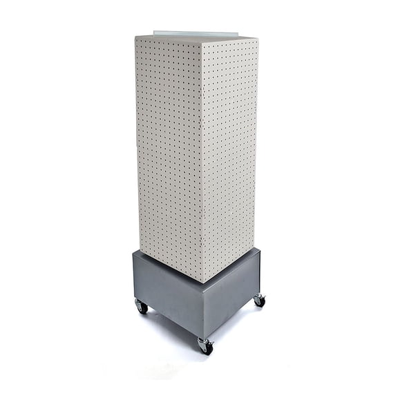 Four-Sided Pegboard Tower Floor Display on Metal Wheeled Base. Spinner Rack Stand. Panel Size: 14"W x 40"H