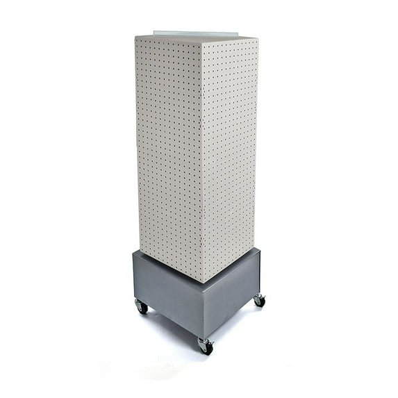 Four-Sided Pegboard Tower Floor Display on Metal Wheeled Base. Spinner Rack Stand. Panel Size: 14"W x 40"H