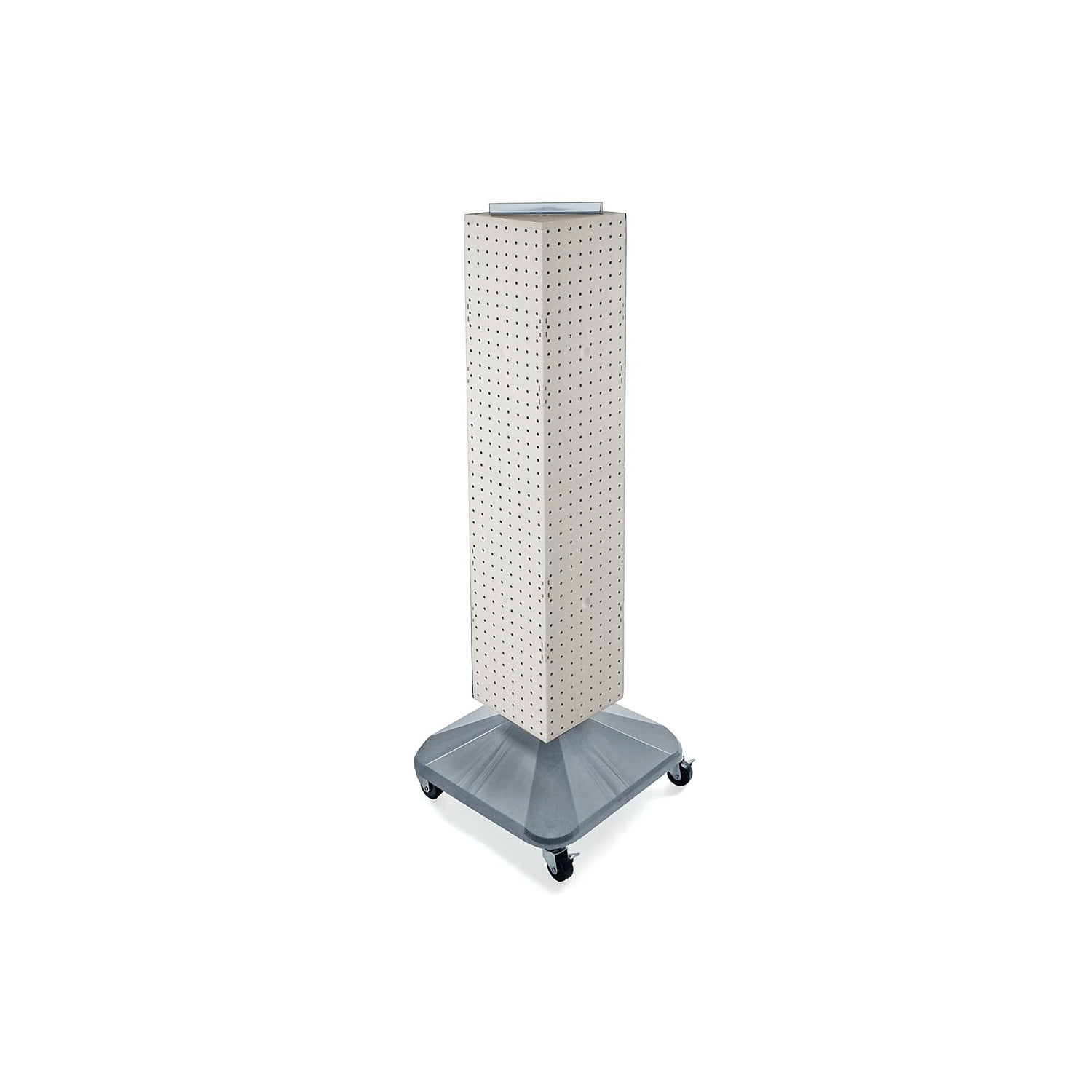 White Four-Sided Pegboard Display Tower with Revolving Base