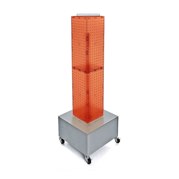 Four-Sided Pegboard Floor Display on Wheeled Metal Base. Spinner Rack Tower. Panel Size: 8"W x 40"H