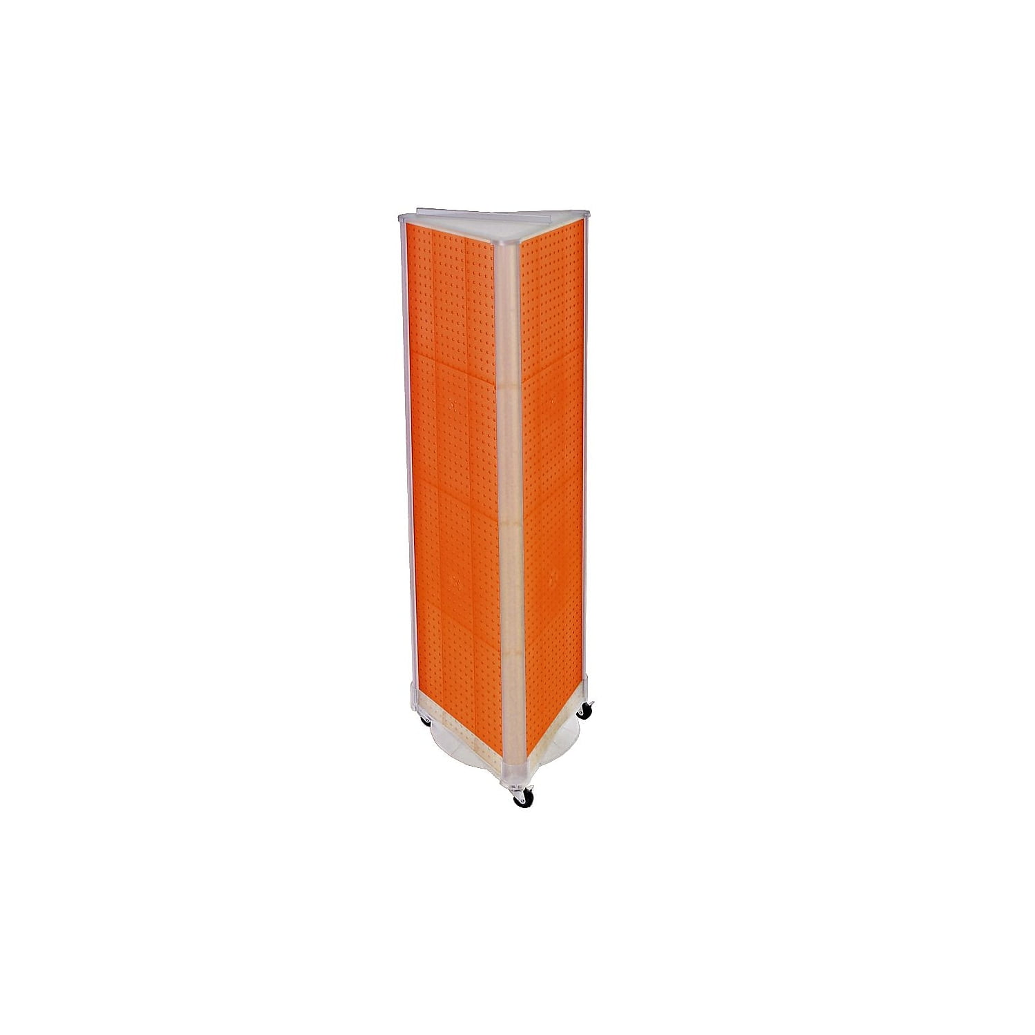 Orange Three-Sided Pegboard Display Tower with Wheels