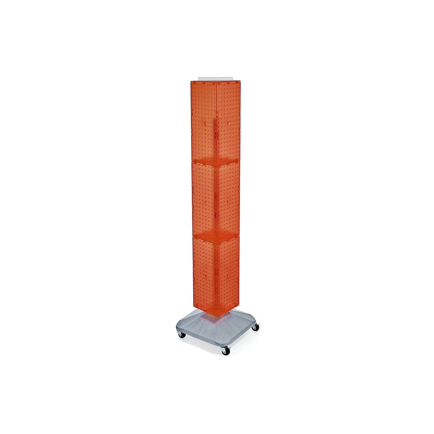 Orange Four-Sided Pegboard Floor Display with Wheeled Base