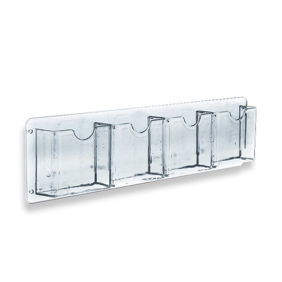 Four Pocket Tri-Fold Wall Rack. Clear Acrylic Wall Mount Brochure Holder for Tri-Fold Size Pamphlets, Horizontal Alignment. Overall Size: 19.5"W x 5.5"H, 2-Pack