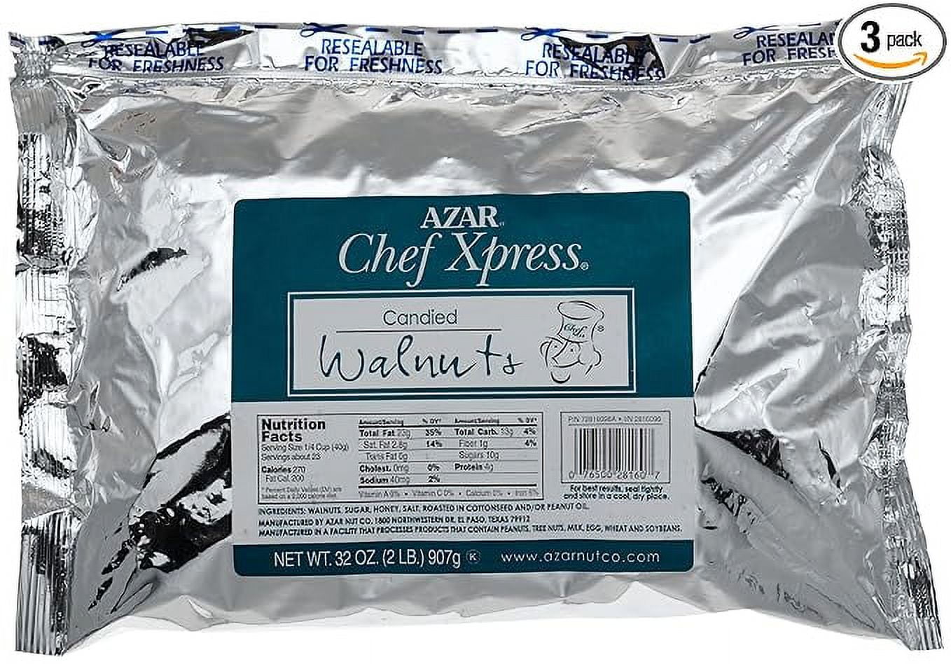 Azar Chef Xpress Nut Company Walnuts, Large Candied Pieces, 32-Ounce Resealable Bags (Pack of 3)