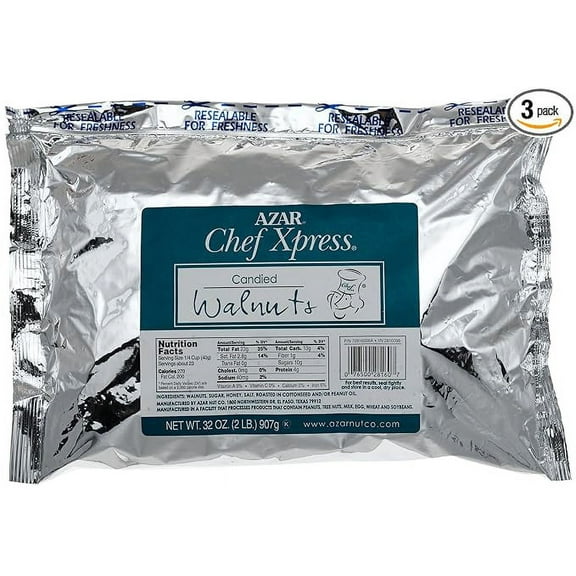 Azar Chef Xpress Nut Company Walnuts, Large Candied Pieces, 32-Ounce Resealable Bags (Pack of 3)