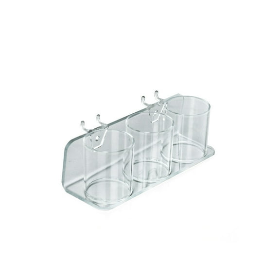 Clear Acrylic Three in a Row Cup Holder for Pencils, Pens, or Brushes, Cosmetic Pen Cup Display Organizer, for Pegboard and Slatwall, 2-Pack