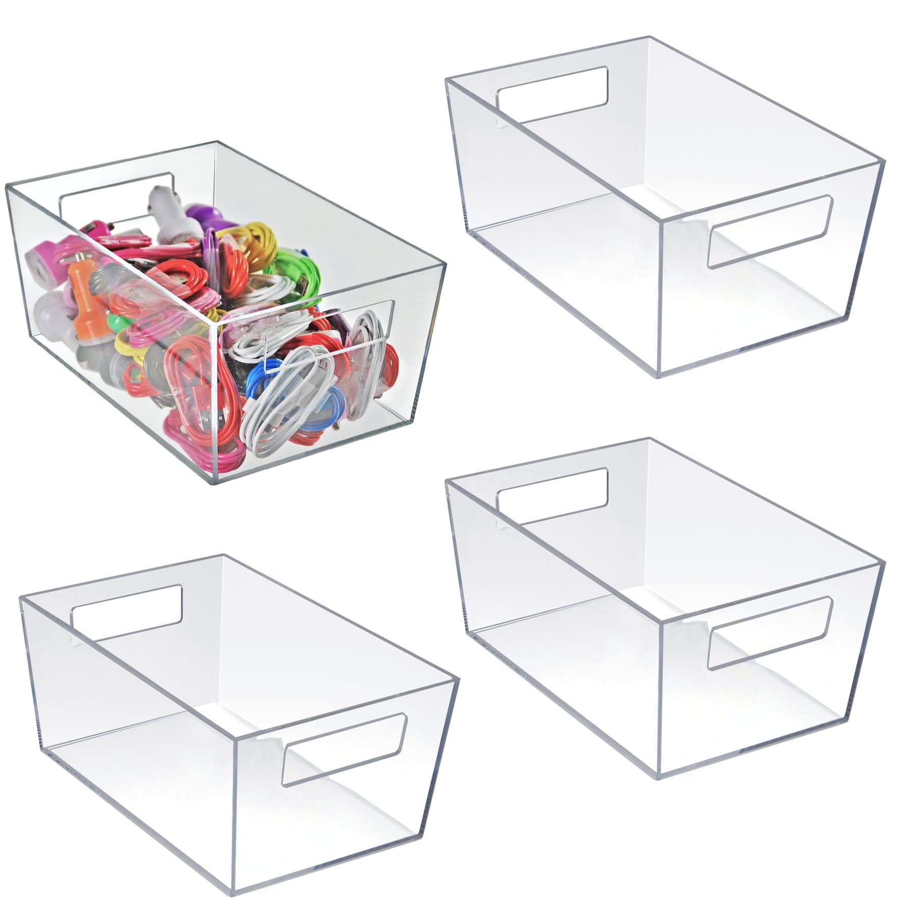 Medium Clear Styrene Stackable Storage Bins with Handles, 4-Pack