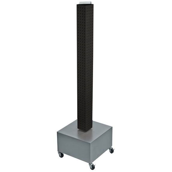 Four-Sided Pegboard Tower Floor Display on Revolving Wheeled Metal Base. Spinner Rack Tower. Panel Size: 4"W x 48"H