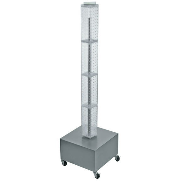 Four-Sided Pegboard Tower Floor Display on Revolving Wheeled Metal Base. Spinner Rack Tower. Panel Size: 4"W x 48"H