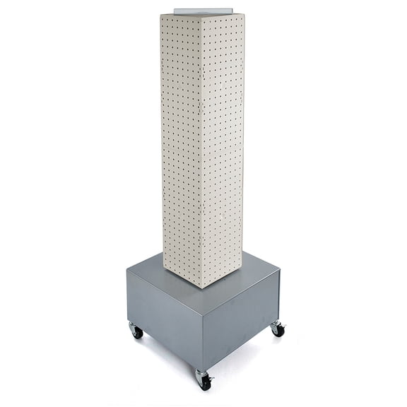 Four-Sided Pegboard Floor Display on Wheeled Metal Base. Spinner Rack Tower. Panel Size: 8"W x 40"H