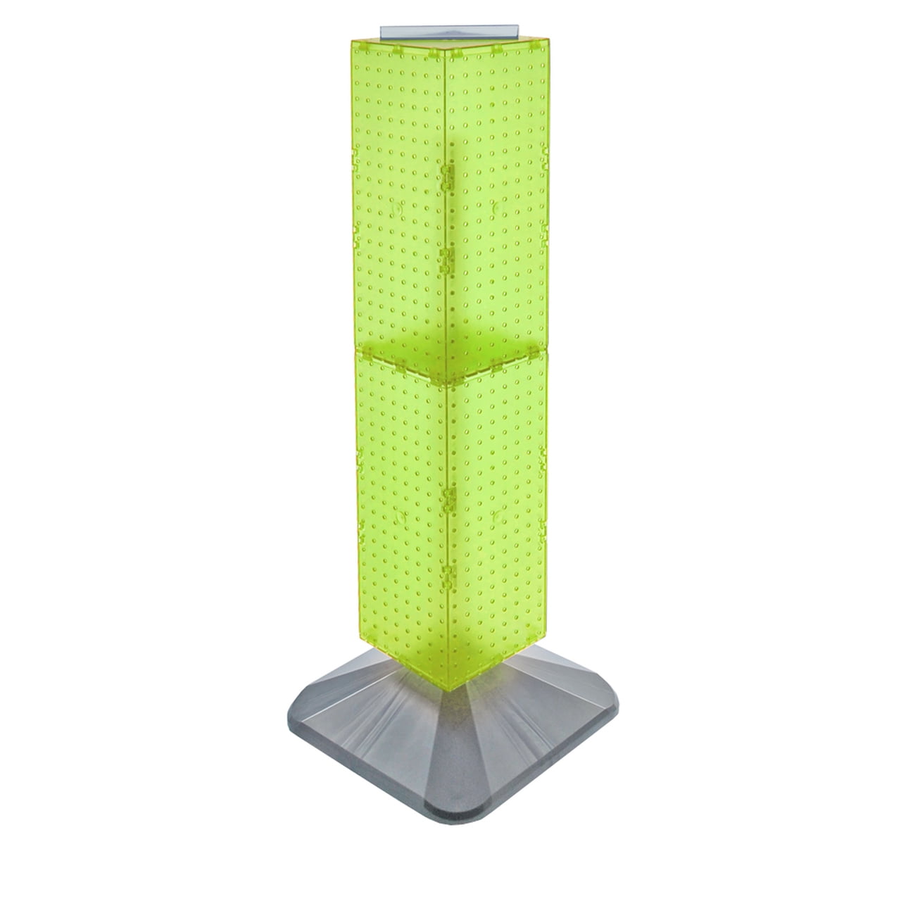 Green Four-Sided Revolving Pegboard Display Tower with Silver Base