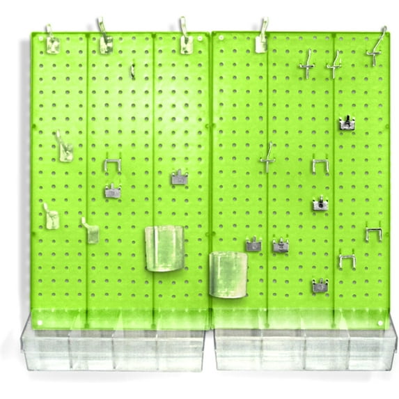 Azar Displays 900945-GRE The DIY Multi-purpose 70-piece Pegboard Wall Organizer Kit with Two Panels and Accessory Assortment, Panel Sizes: 13.5” W x 22” H each, Green