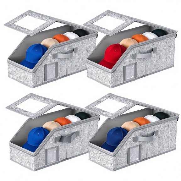 Azcir 4pcs Stackable Hat Storage for Baseball Caps, Hat Organizer for Closet, Foldable Storage Box with Visible Window and Zipper, Grey