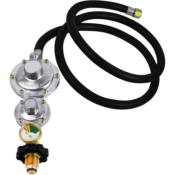 Azdele Upgraded Two Stage Propane Regulator with 5ft Hose and Gauge, Standard P.O.L Tank Connection, 3/8in Female Flare Fitting for Grill, Heaters, Fire Pit, Gas Generator/Stove/Range-CSA Certified