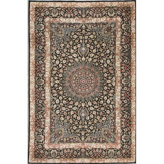 Azerbaijan Collection Hand-Knotted Pure Silk Area Rug- Black
