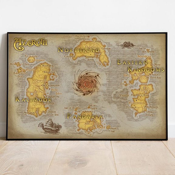Azeroth Map Warcraft Wall Decor Rolled Print Gift Video Game 2, Unframed Poster