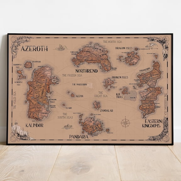 Azeroth Map Warcraft Wall Decor Rolled Print Gift Video Game 4, Unframed Poster