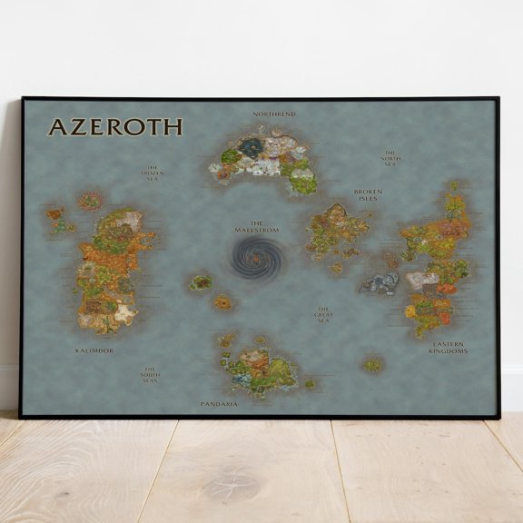 Azeroth Map Warcraft Wall Decor Rolled Print Gift Video Game 6, Unframed Poster