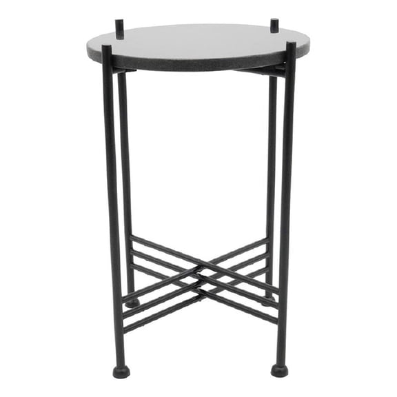 Azik Accent Table- 13 Inch Round Marble-Look Glass Top- Black Iron X Base