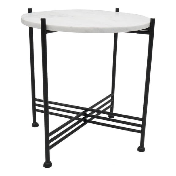 Azik Accent Table- 16 Inch Round White Marble-Look Glass Top- Black Iron
