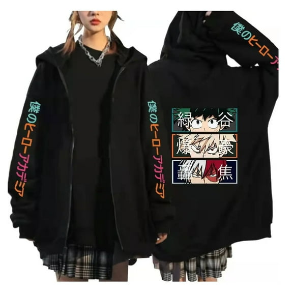 Azikbd  Anime Bakugo Katsuki Zipper Hoodie, Todoroki Shoto Cosplay Zipper Sweatshirt, Unisex, XXS-4XL Black Cardigan
