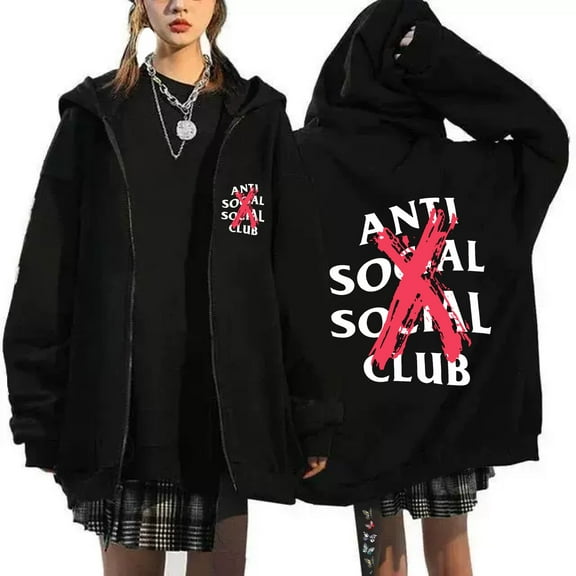 Azikbd  Anti Social Women's New Hoodie Zipper Jacket Fleece Sweatshirt Unisex with Pockets Fans Memorial Clothing
