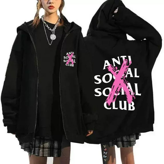 Azikbd Anti Social Women's New Hoodie Zipper Jacket Fleece Sweatshirt Unisex with Pockets Fans Memorial Clothing