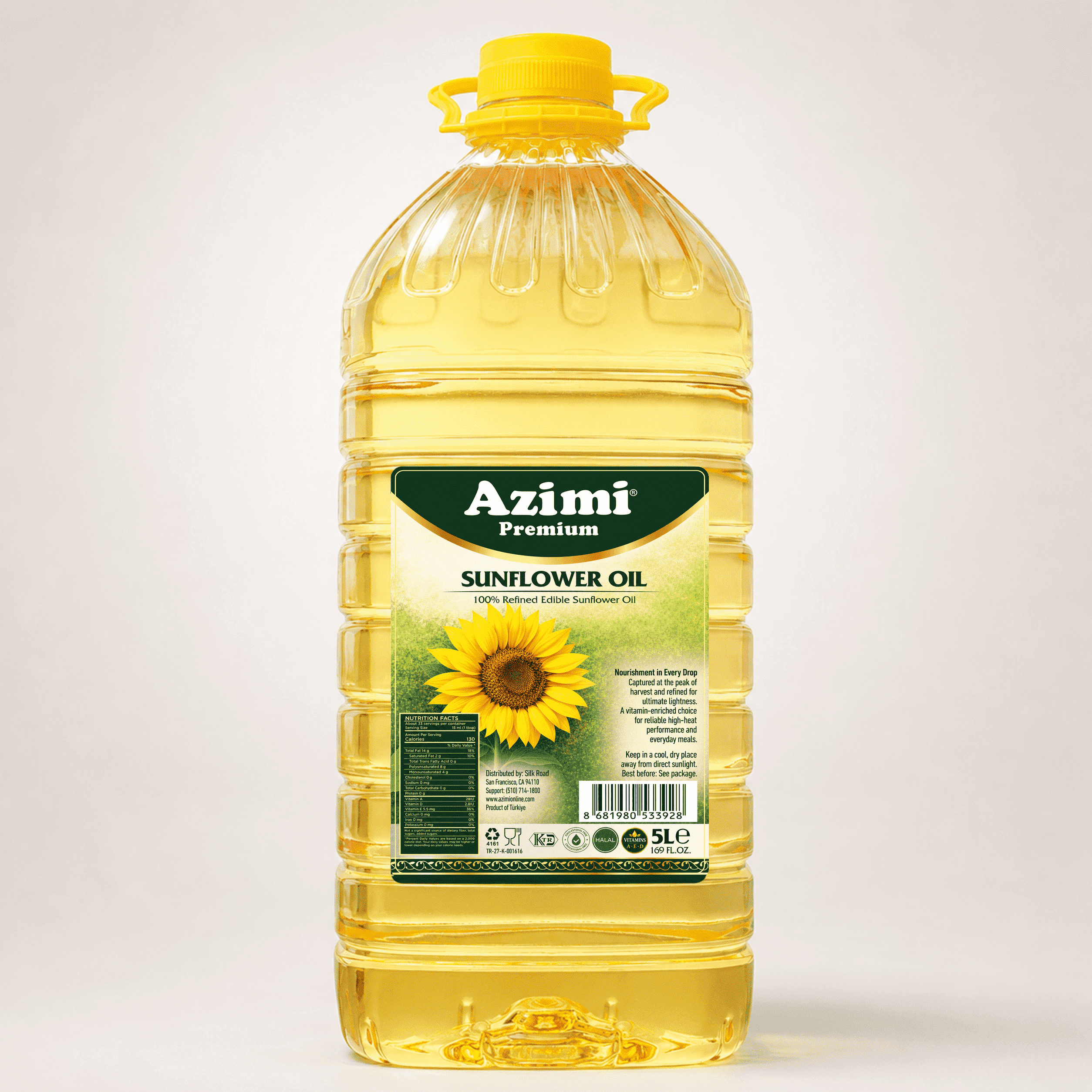 Azimi 100% Pure Sunflower Oil, Vitamin Enriched, Cholesterol Free, 5 Liter (169 Fl Oz)