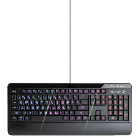 Azio Large Print Waterproof USB Keyboard - Wired 3-Color LED Backlit and Washable with Silver Antimicrobial Protection | Keyboards for Windows PC Version, Led Black/Blue Purple Red (KB530)
