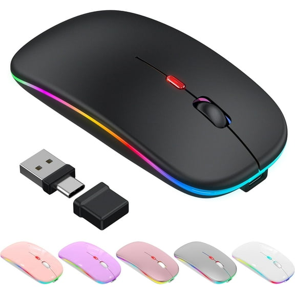 Azmall Bluetooth Wireless Mouse LED Rechargeable Silent Mouse with 2.4GHz USB-A/USB-C Receiver & Type-C Adapter, Compatible with Laptop, MacBook, iPad, Mac, and PC (Black)**
