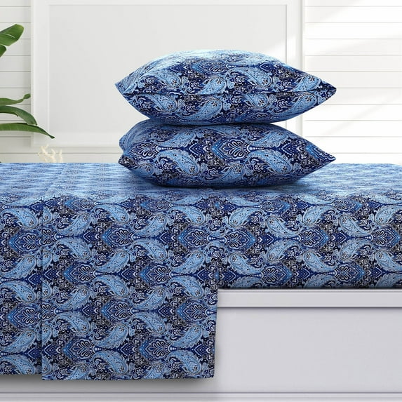 Azores Home 170-GSM Cotton Flannel Printed or Solid Extra Deep Pocket Sheet Set Sofi Blue Full Flannel