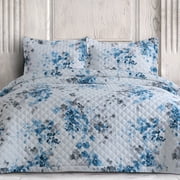 Azores Home Organic Cotton 300 Thread Count Printed Oversized Quilt Set Grey-Blue Queen