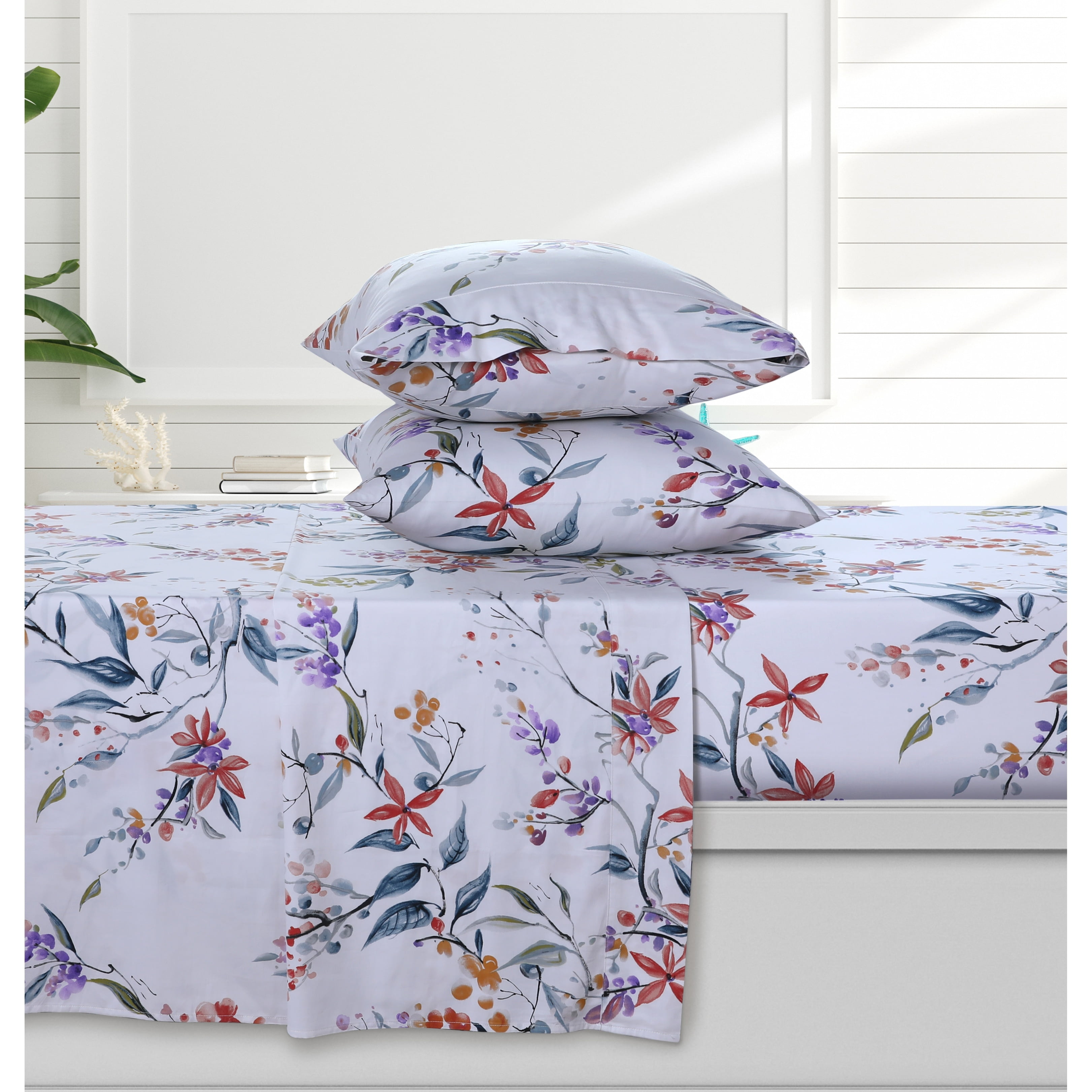 Full Organic Cotton Deep Pocket Floral Sheet Set in Blue
