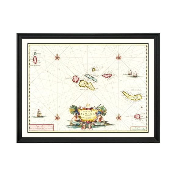 Azores Portugal Art, 1665 Vintage Map of Azores Portugal History Wall Decor Gift, Old Azores Map - 24" x 18" Black Framed Print